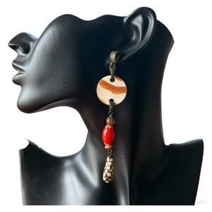 Nature African Batik Bone and Glass Beaded Earrings Cream Black Red
